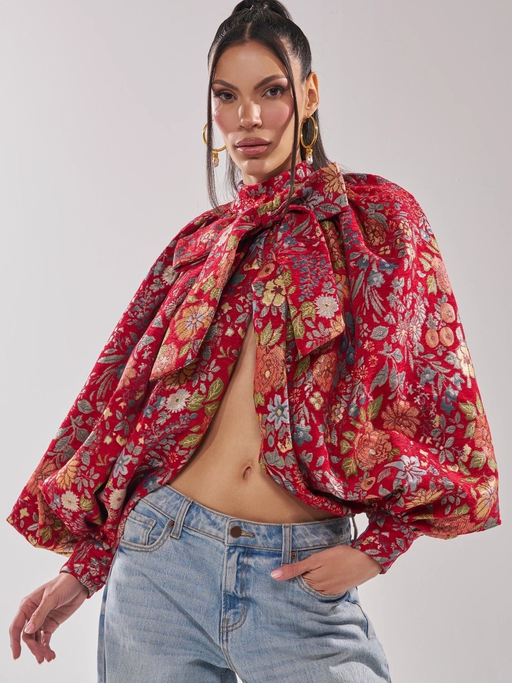 AKIRA | ETHEREAL FLORAL PUFF SLEEVE BROCADE TOP